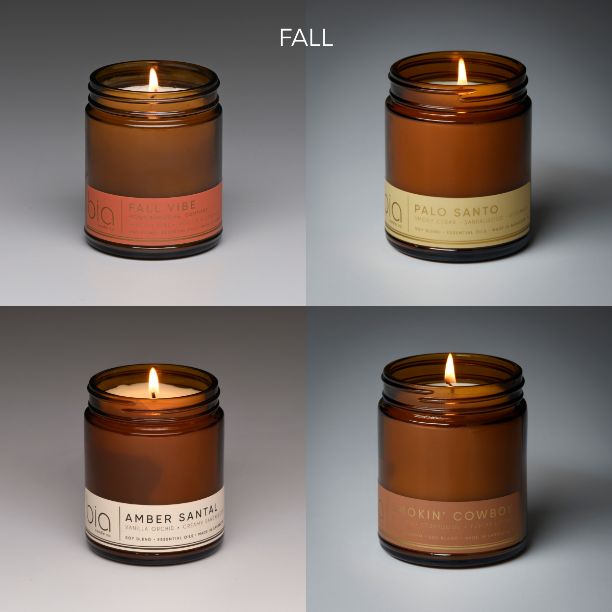Bia fall candle gift set — Fall Vibe, Palo Santo, Amber Santal, and Rockin’ Cowboy scents in amber glass jars.